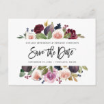 Pink, burgundy   fig floral save the date mustard postcard<br><div class="desc">Pink,  burgundy and fig floral save the date card. Beautiful watercolor illustration and modern script handwriting. Part of a collection.</div>