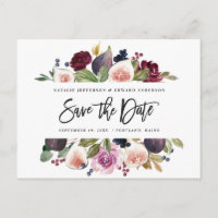 Pink, burgundy + fig floral save the date mustard