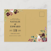 Pink, burgundy + fig floral save the date mustard postcard (Back)