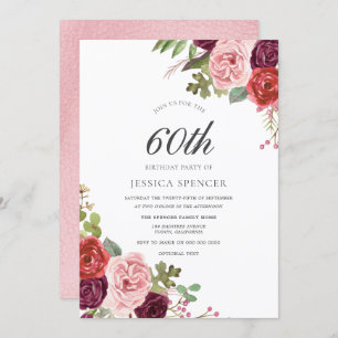 Pink & Burgundy Floral 60th Birthday Party Invite