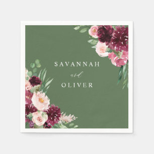 Pink & Burgundy Floral 7 Name - Green Napkin