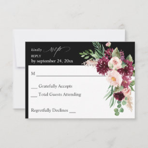Pink & Burgundy Floral 7 no Meal RSVP  - Black Card