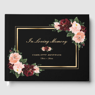 Pink Burgundy Floral Black Gold Funeral Memorial Guest Book
