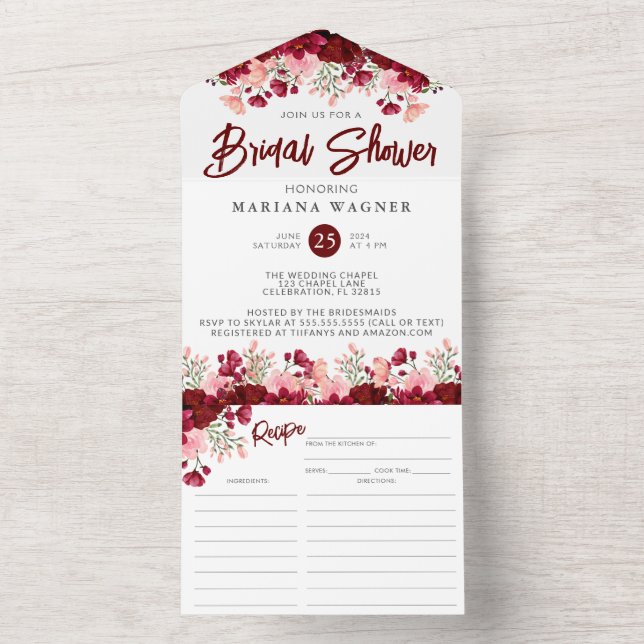 Pink Burgundy Floral Bridal Shower with Recipe All In One Invitation (Inside)