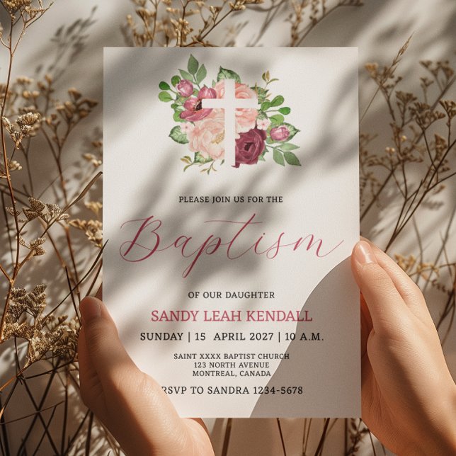 Pink Burgundy Floral Cross Girl Baptism Invitation (Creator Uploaded)