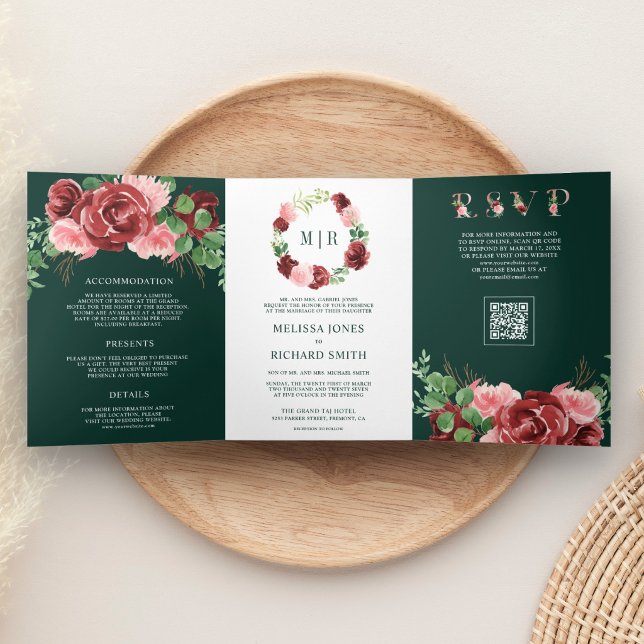 Pink Burgundy Floral Emerald Green QR Code Wedding Tri-Fold Invitation (Creator Uploaded)