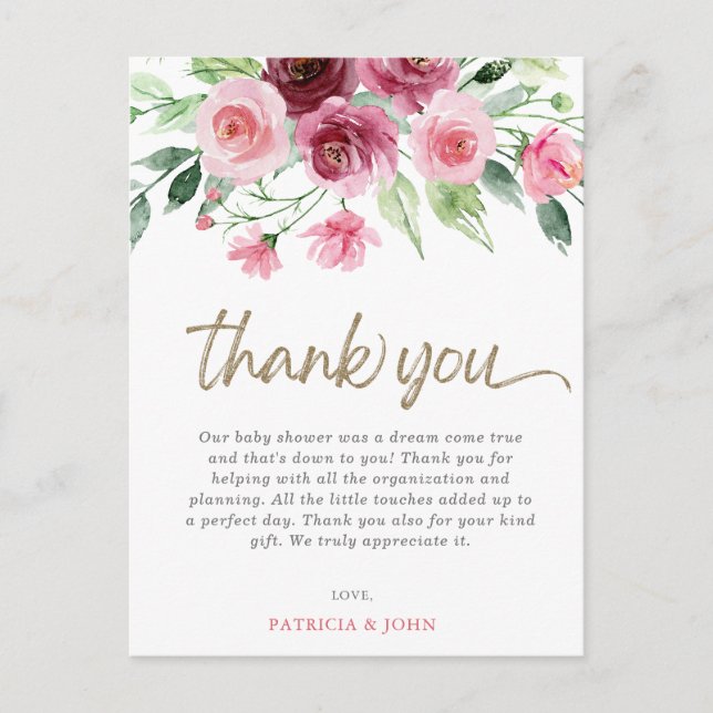 Pink Burgundy Floral Girl Baby Shower Thank You Postcard (Front)