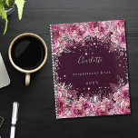 Pink burgundy floral glitter name 2024 planner<br><div class="desc">A burgundy background with pink faux glitter dust and florals. The name is written with a modern hand lettered style script.  Personalise and add your name,  title and year.</div>