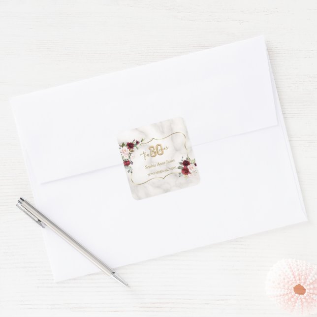 Pink Burgundy Floral Gold 30 and Fabulous Birthday Square Sticker (Envelope)