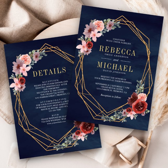 Pink Burgundy Floral Gold All in One Navy Wedding Invitation (Creator Uploaded)