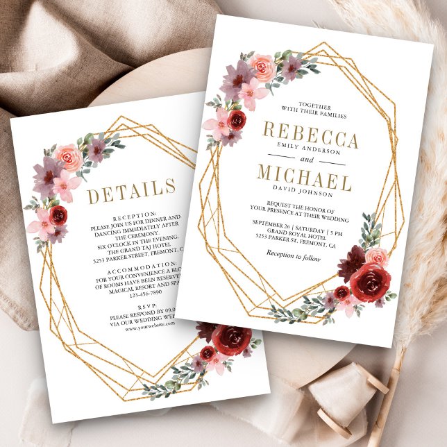 Pink Burgundy Floral Gold All in One Wedding Invitation (Creator Uploaded)