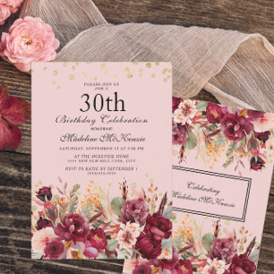 Pink Burgundy Floral Gold Glitter 30th Birthday Invitation