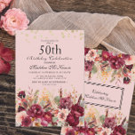 Pink Burgundy Floral Gold Glitter 50th Birthday Invitation<br><div class="desc">Elegant pink and burgundy watercolor floral and greenery 50th birthday party invitation with gold glitter. Contact me for assistance with customisation or to request additional matching or coordinating Zazzle products for your celebration.</div>