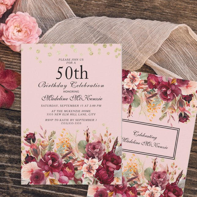 Pink Burgundy Floral Gold Glitter 50th Birthday Invitation (Creator Uploaded)