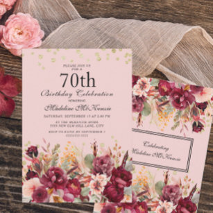Pink Burgundy Floral Gold Glitter 70th Birthday Invitation