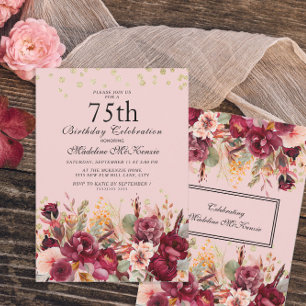 Pink Burgundy Floral Gold Glitter 75th Birthday Invitation