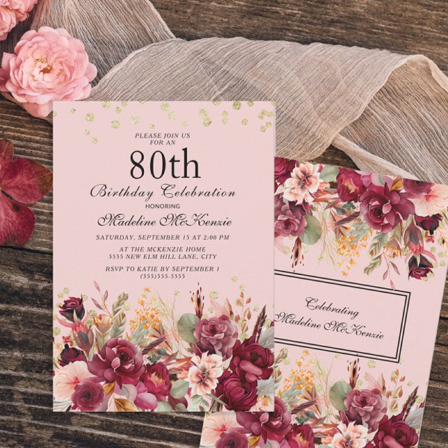 Pink Burgundy Floral Gold Glitter 80th Birthday Invitation (Creator Uploaded)