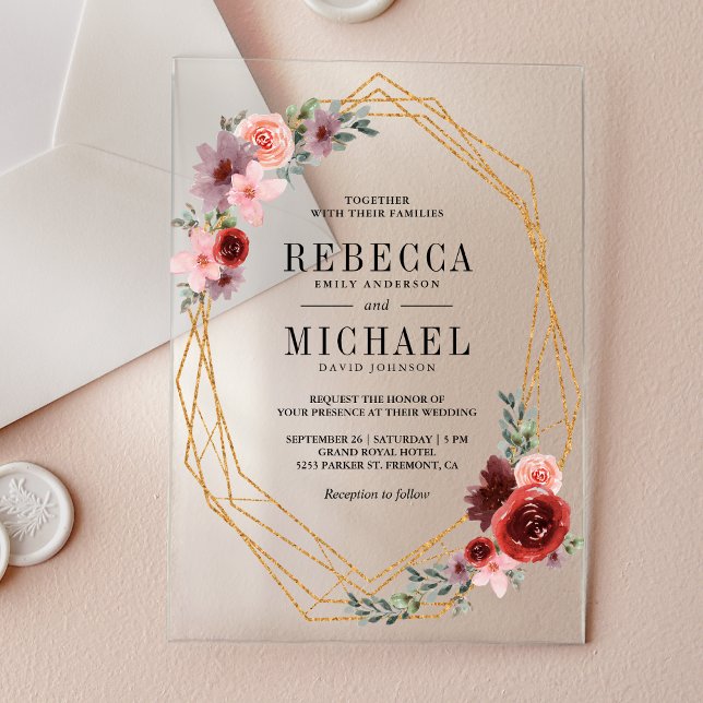 Pink Burgundy Floral Gold Wedding Acrylic Invitations (Creator Uploaded)