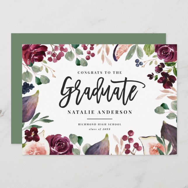 Pink burgundy floral graduate announcement card (Front/Back)