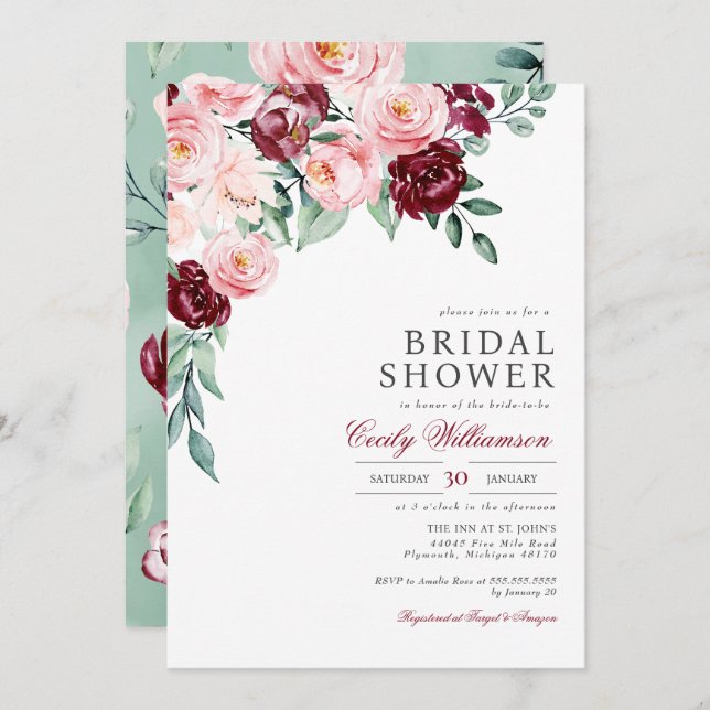 Pink Burgundy Floral Greenery Bridal Shower  Invitation (Front/Back)