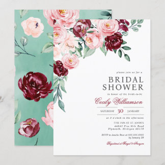 Pink Burgundy Floral Greenery Bridal Shower  Invitation