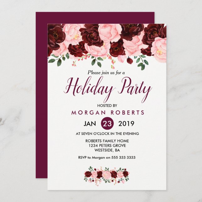 Pink & Burgundy Floral Holiday Party Invitation (Front/Back)