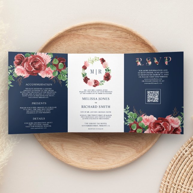 Pink Burgundy Floral Navy Blue QR Code Wedding Tri-Fold Invitation (Creator Uploaded)