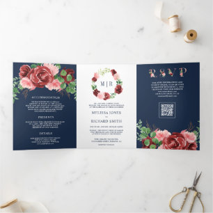 Pink Burgundy Floral Navy Blue QR Code Wedding Tri-Fold Invitation