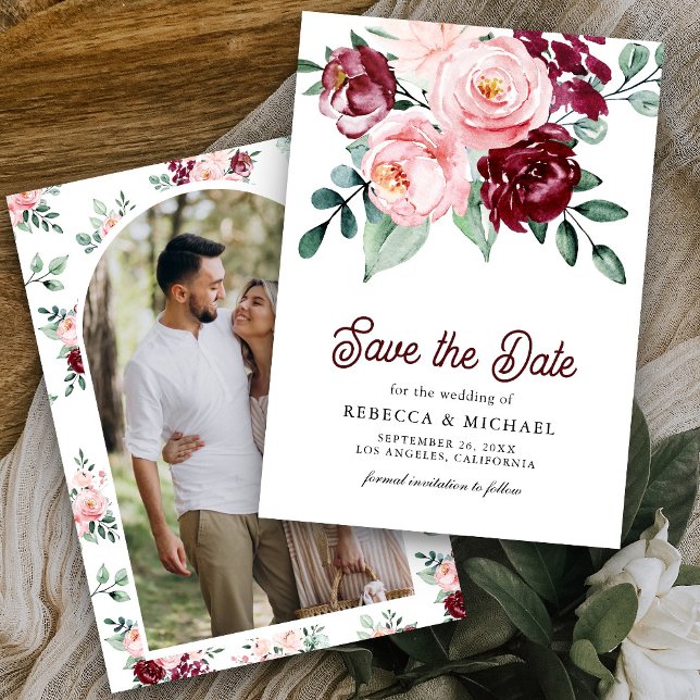 Pink Burgundy Floral Photo Wedding Save The Date (Creator Uploaded)