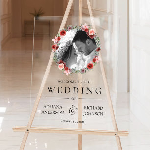 Pink Burgundy Floral Photo Wedding Welcome Sign