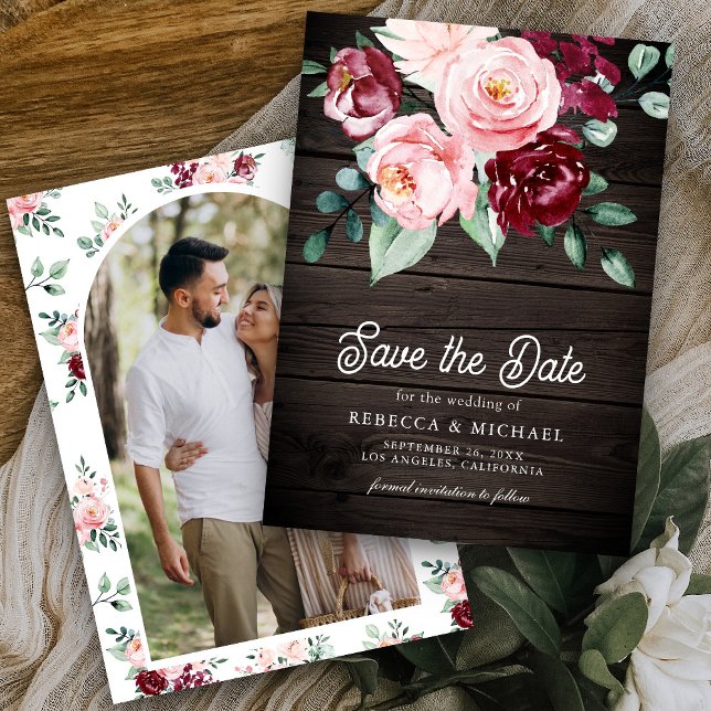 Pink Burgundy Floral Photo Wood Wedding Save The Date (Creator Uploaded)