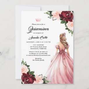Pink Burgundy Floral Quinceañera 15 Birthday Invitation