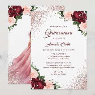Pink Burgundy Floral Quinceañera 15 Birthday Invitation