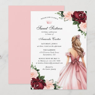 Pink Burgundy Floral Sweet Sixteen Invitation