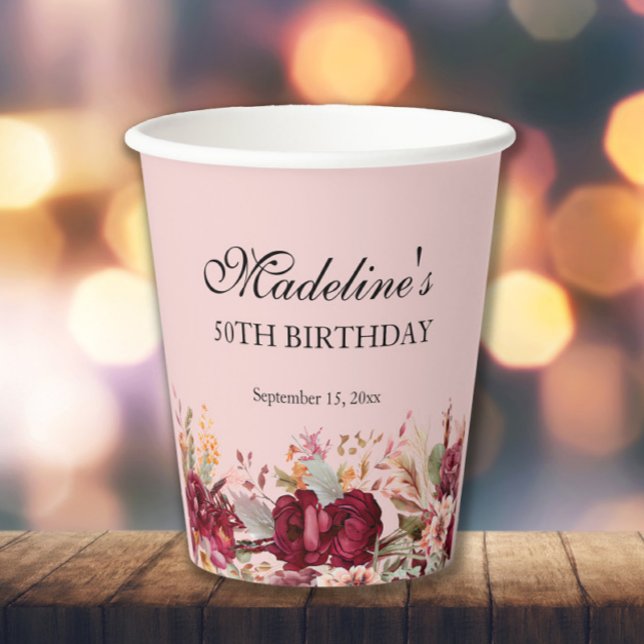 Pink Burgundy Floral Women's 50th Birthday Paper Cups (Pink and burgundy floral birthday party paper cup)