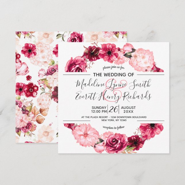 Pink & Burgundy Floral Wreath Wedding Invitations (Front/Back)