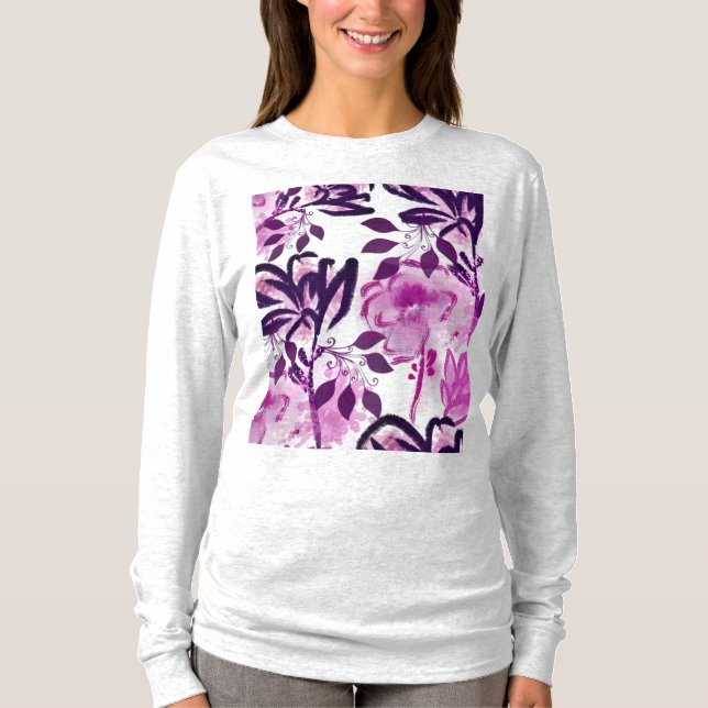 Pink Burgundy Flowers Botanical Pattern T-Shirt (Front)