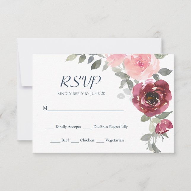 Pink Burgundy Flowers Greenery Watercolor Wedding  RSVP Card (Front)