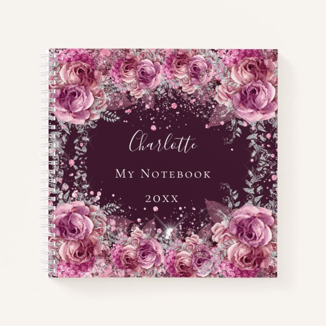 Pink burgundy flowers name notebook (Front)