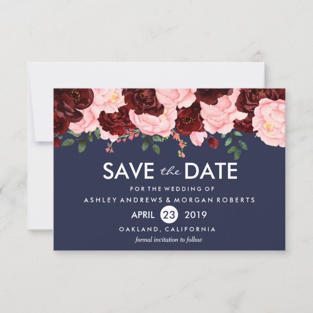 Pink Burgundy Flowers Navy Wedding Save The Date (Front)