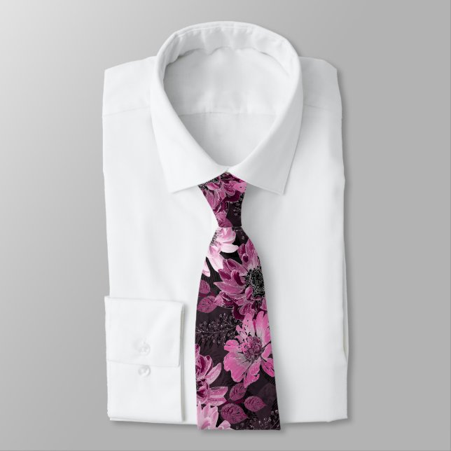 Pink, burgundy flowers on dark brown tie (Tied)