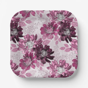 Pink, burgundy flowers on dusty pink paper plate