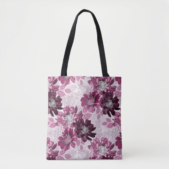 Pink, burgundy flowers on dusty pink tote bag (Front)