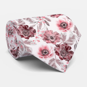 Pink, burgundy flowers on white background. tie