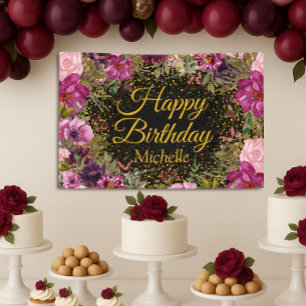 Pink Burgundy Glitter Black Happy Birthday Name Banner