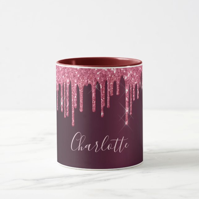 Pink burgundy glitter drips name script mug (Center)