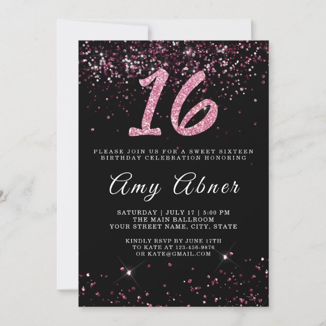 Pink Burgundy Glitter Sparkles 16 Birthday Invitation (Front)