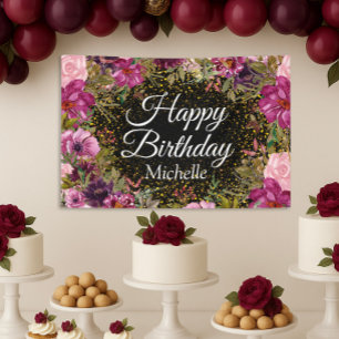 Pink Burgundy Gold Glitter Black Happy Birthday Banner