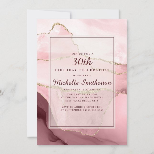 Pink Burgundy Gold Marble Agate 30th Birthday Invitation (Front)