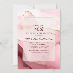 Pink Burgundy Gold Marble Agate 40th Birthday Invitation